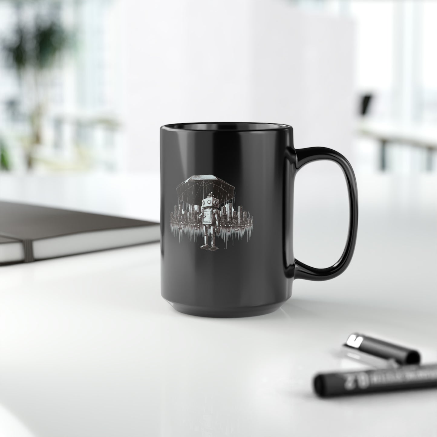 Robot in the Rain Black Mug, 15oz/Coffee Lovers/Gift Mug