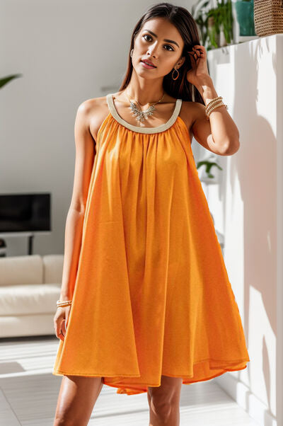 Tropical Tangerine Round Neck Sleeveless Mini Dress | Spring, Summer Dress | Vacation Travel Chic | Casual Streetwear