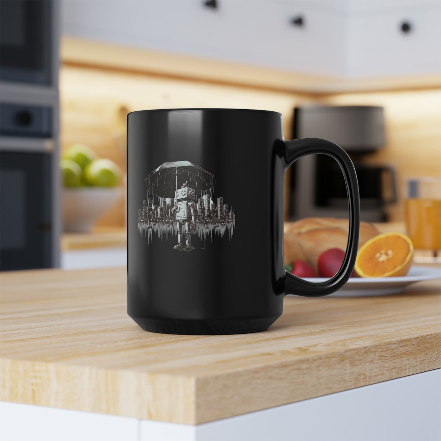 Robot in the Rain Black Mug, 15oz/Coffee Lovers/Gift Mug