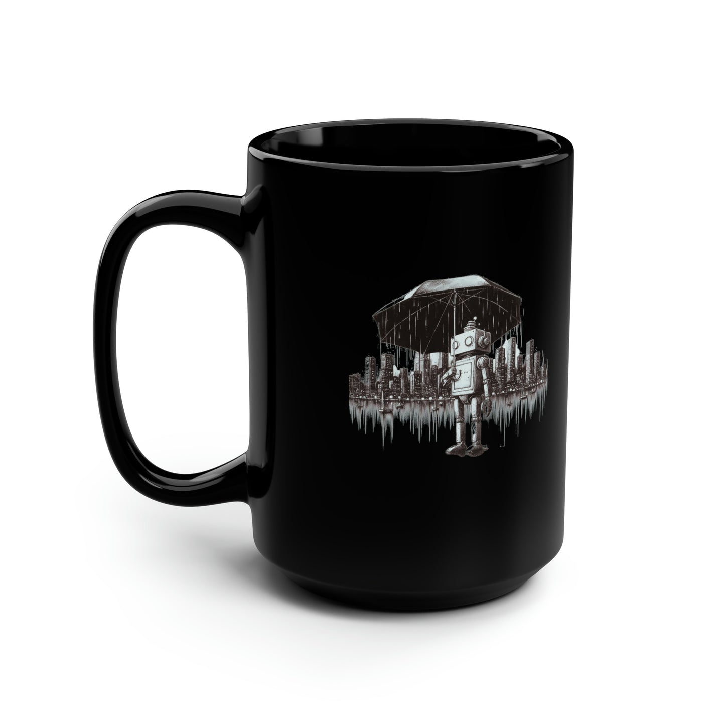 Robot in the Rain Black Mug, 15oz/Coffee Lovers/Gift Mug