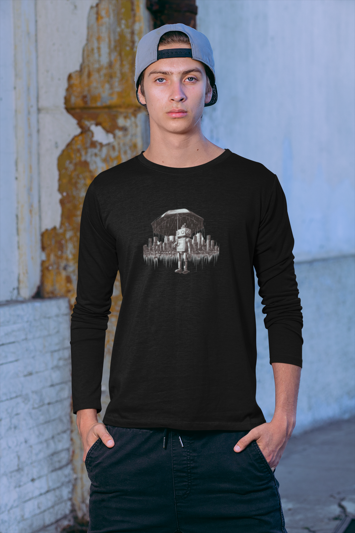 Robot in the Rain Long Sleeve T-Shirt: Embrace Solitude and Self-Contemplation