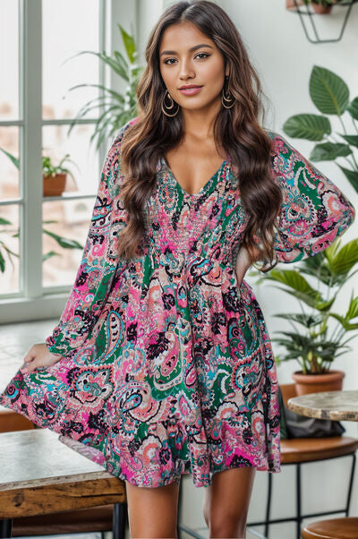 Colorful Paisley Print V-Neck Long Sleeve Mini Dress | Spring, Summer Dress | Hangout Dress | Streetwear | Party Dress | Casual Dress