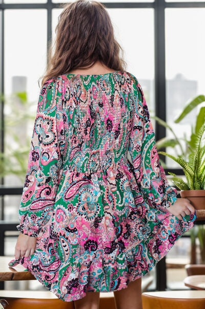 Colorful Paisley Print V-Neck Long Sleeve Mini Dress | Spring, Summer Dress | Hangout Dress | Streetwear | Party Dress | Casual Dress